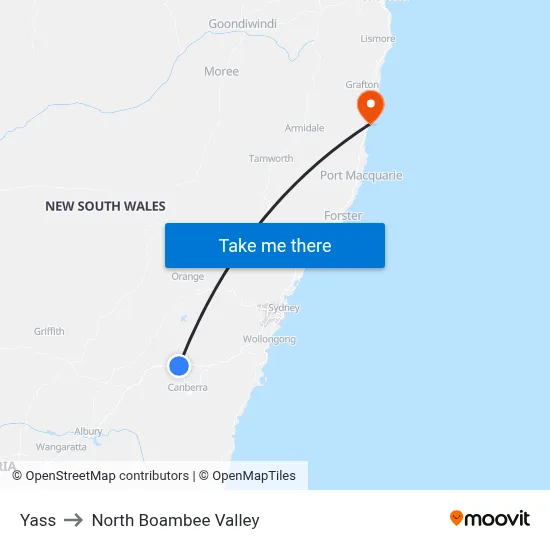 Yass to North Boambee Valley map