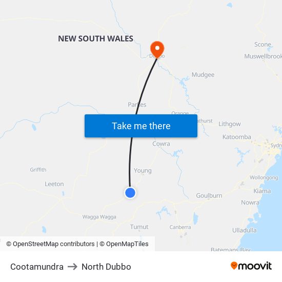 Cootamundra to North Dubbo map
