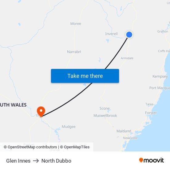 Glen Innes to North Dubbo map