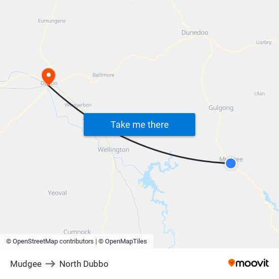 Mudgee to North Dubbo map