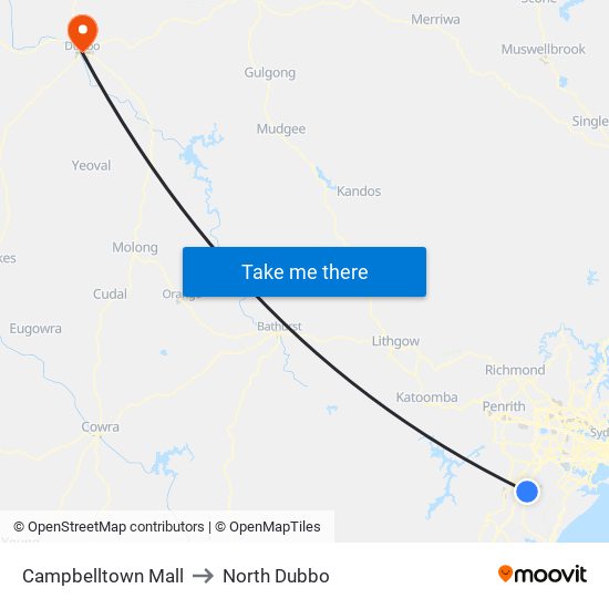 Campbelltown Mall to North Dubbo map