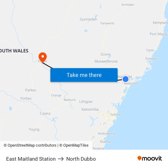 East Maitland Station to North Dubbo map