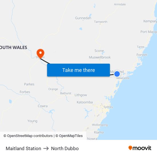 Maitland Station to North Dubbo map