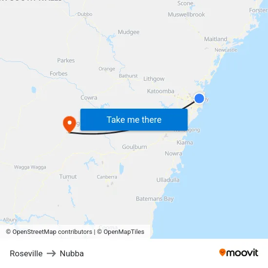 Roseville to Nubba map