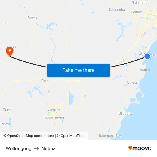 Wollongong to Nubba map