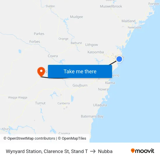 Wynyard Station, Clarence St, Stand T to Nubba map