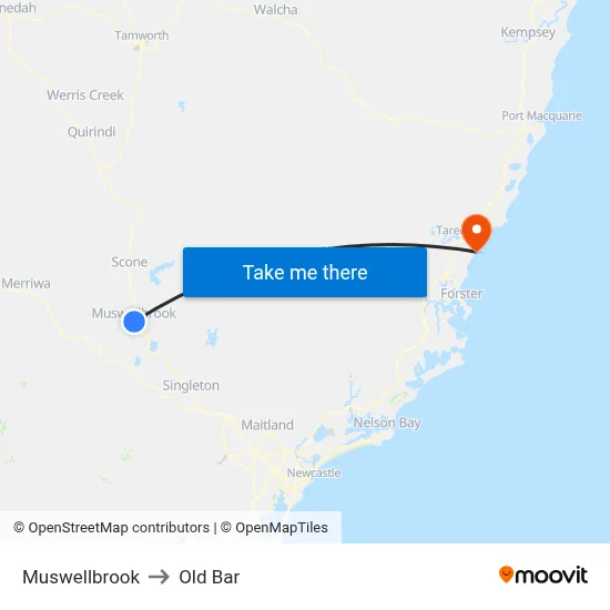 Muswellbrook to Old Bar map