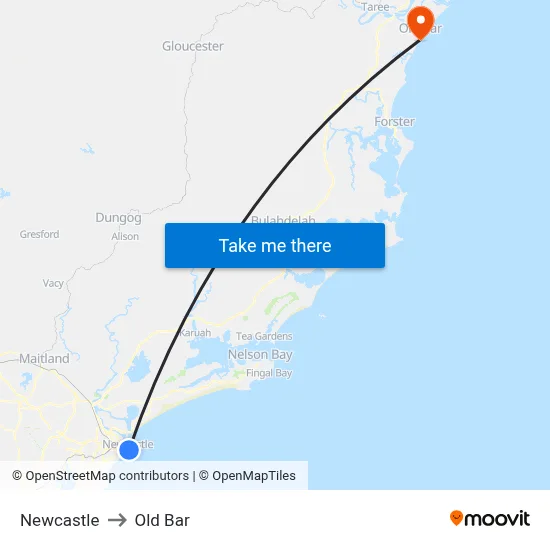 Newcastle to Old Bar map