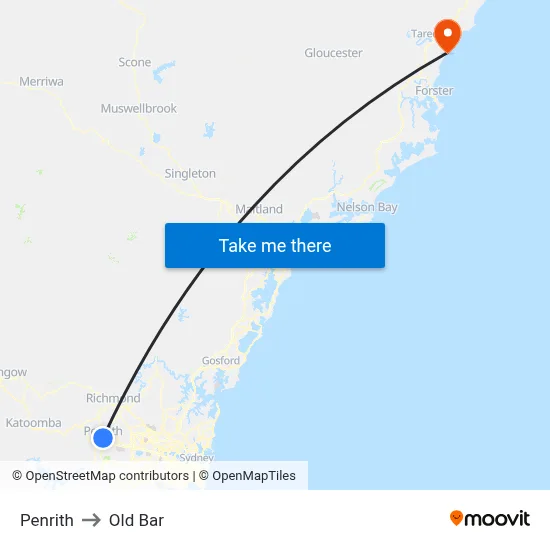 Penrith to Old Bar map