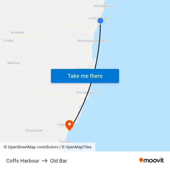 Coffs Harbour to Old Bar map
