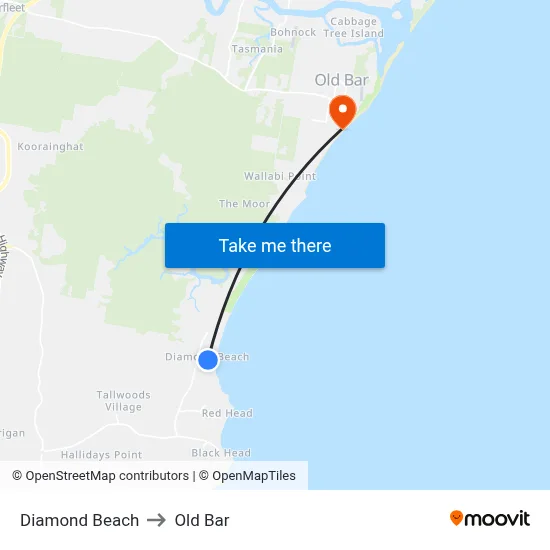Diamond Beach to Old Bar map
