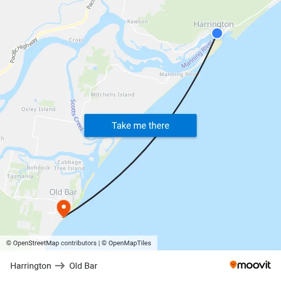 Harrington to Old Bar map