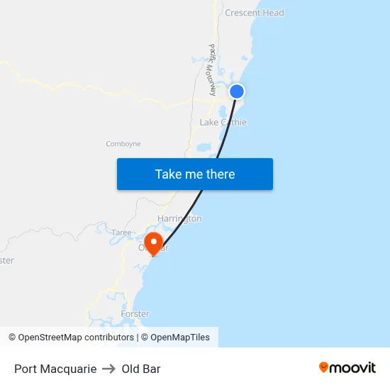 Port Macquarie to Old Bar map
