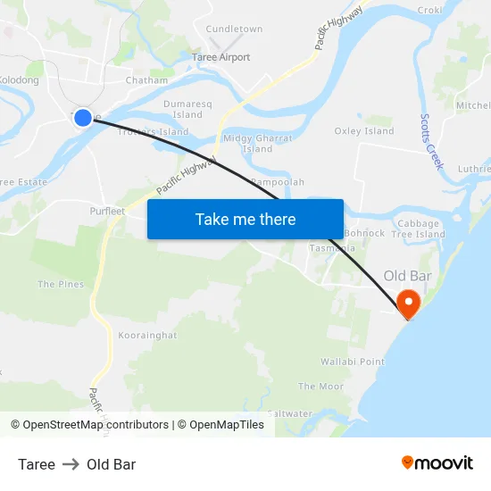 Taree to Old Bar map