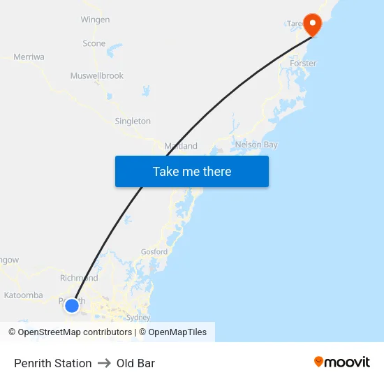 Penrith Station to Old Bar map