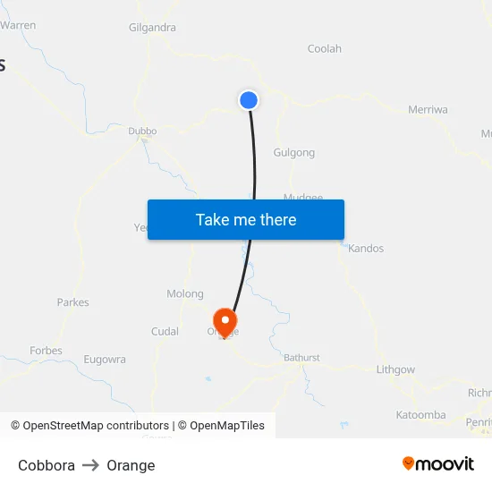 Cobbora to Orange map
