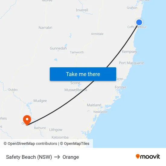 Safety Beach (NSW) to Orange map