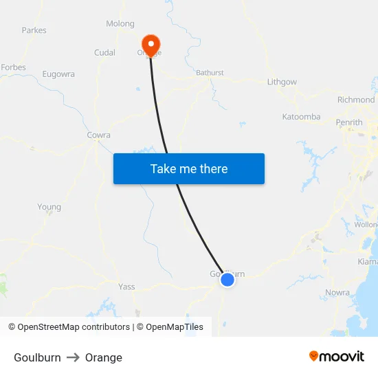 Goulburn to Orange map