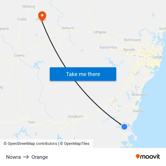 Nowra to Orange map