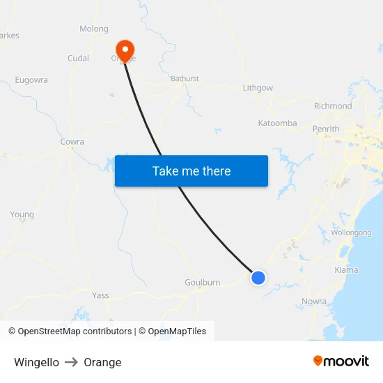 Wingello to Orange map