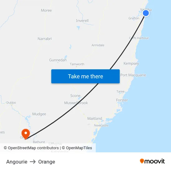 Angourie to Orange map