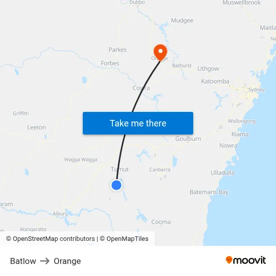 Batlow to Orange map