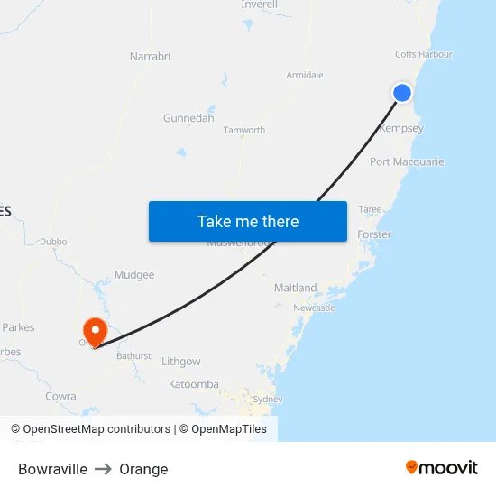 Bowraville to Orange map