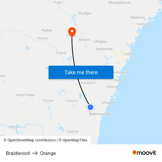 Braidwood to Orange map