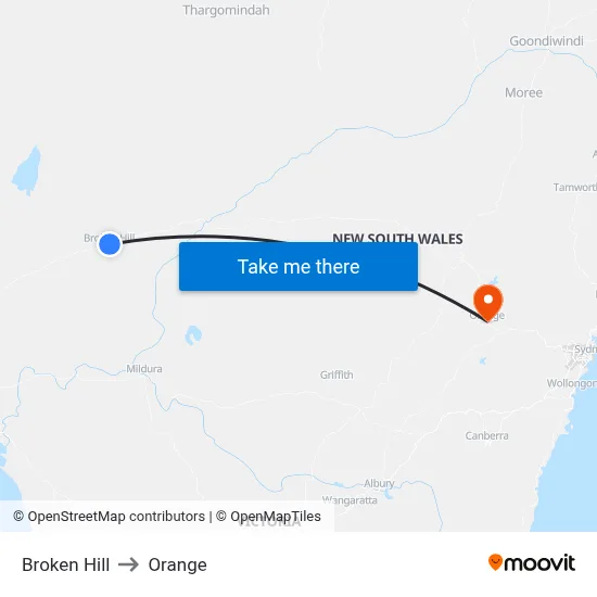 Broken Hill to Orange map