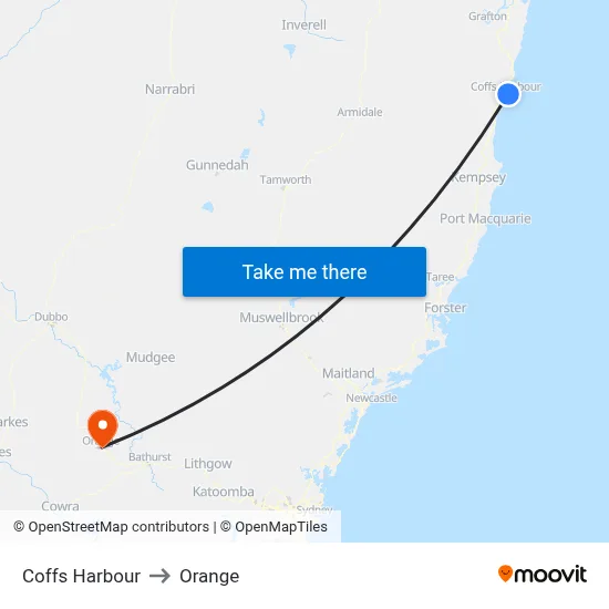 Coffs Harbour to Orange map