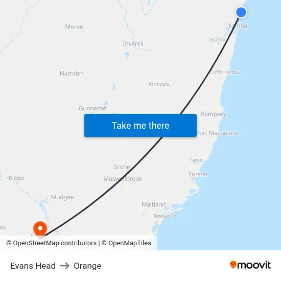 Evans Head to Orange map