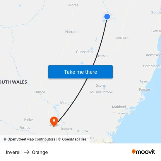 Inverell to Orange map