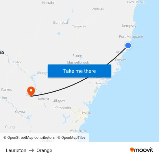 Laurieton to Orange map
