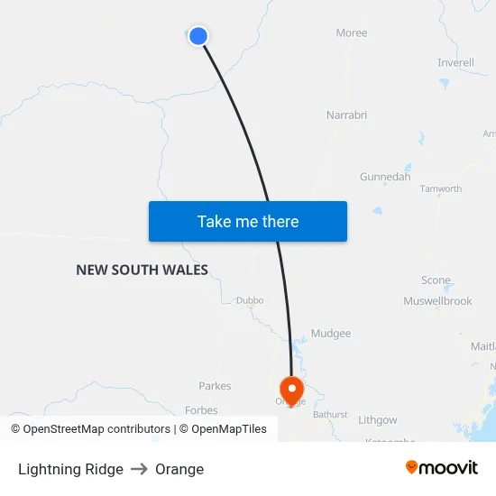 Lightning Ridge to Orange map