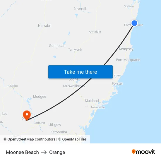 Moonee Beach to Orange map
