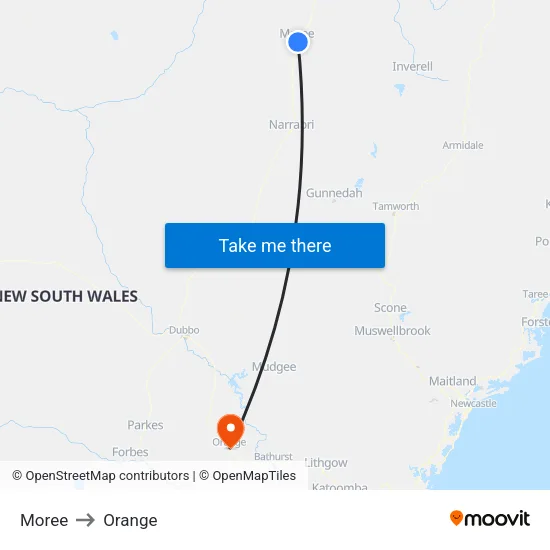 Moree to Orange map
