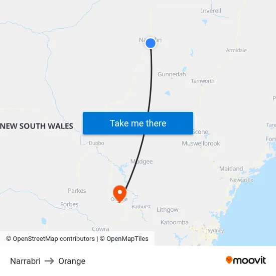 Narrabri to Orange map