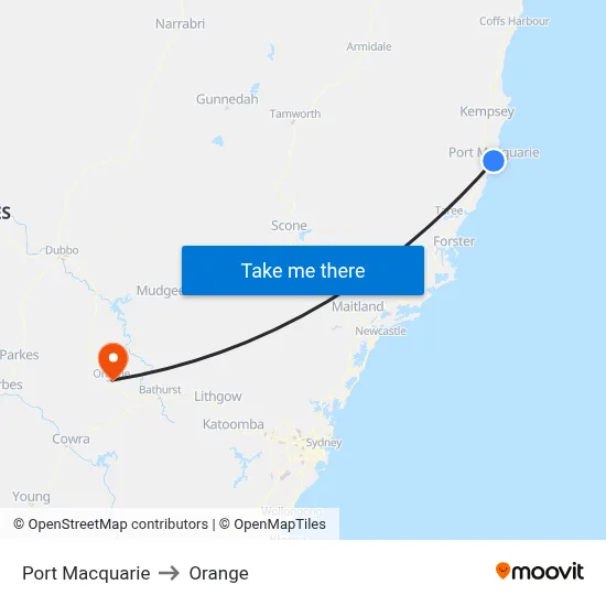 Port Macquarie to Orange map