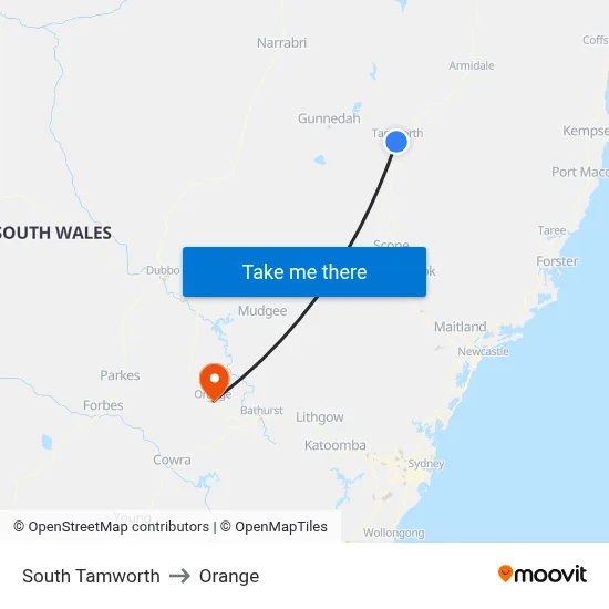 South Tamworth to Orange map