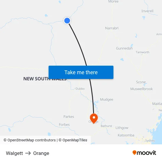 Walgett to Orange map