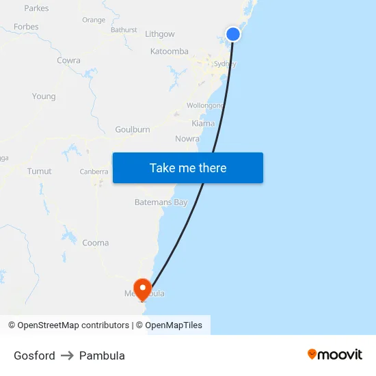 Gosford to Pambula map