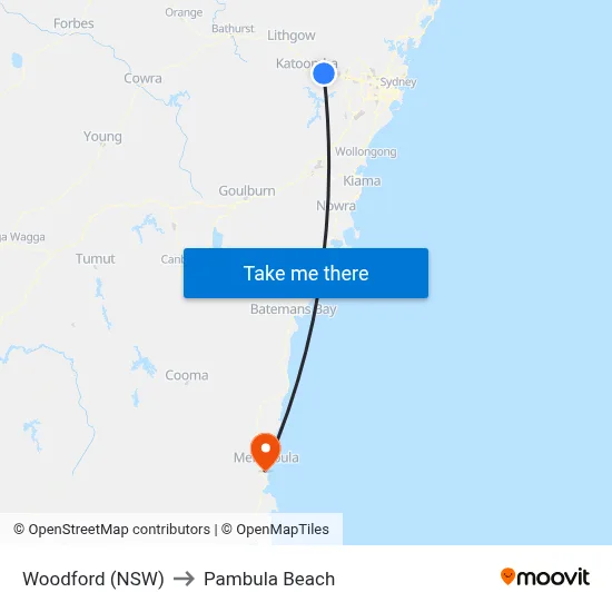 Woodford (NSW) to Pambula Beach map