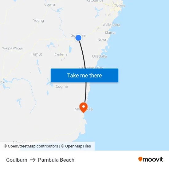 Goulburn to Pambula Beach map