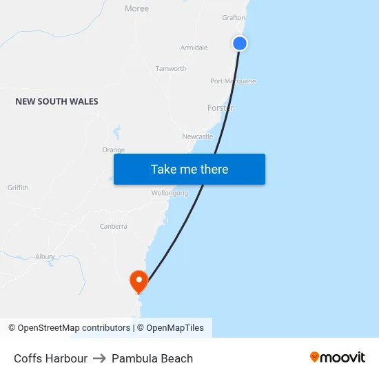 Coffs Harbour to Pambula Beach map