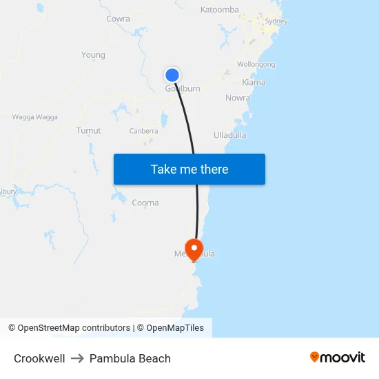 Crookwell to Pambula Beach map
