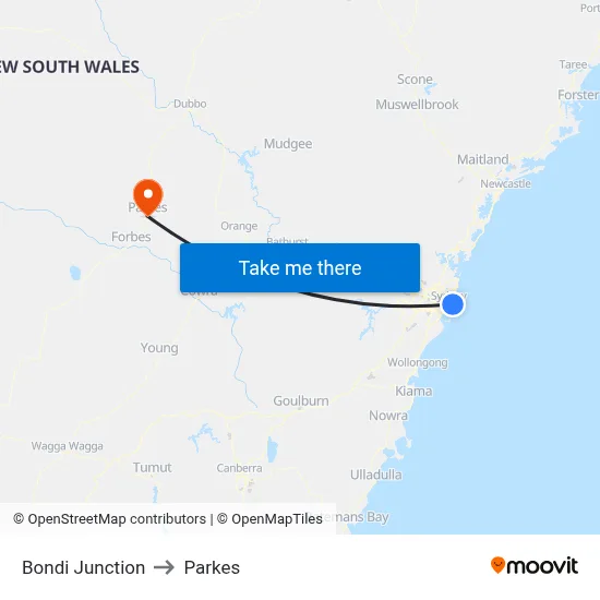 Bondi Junction to Parkes map