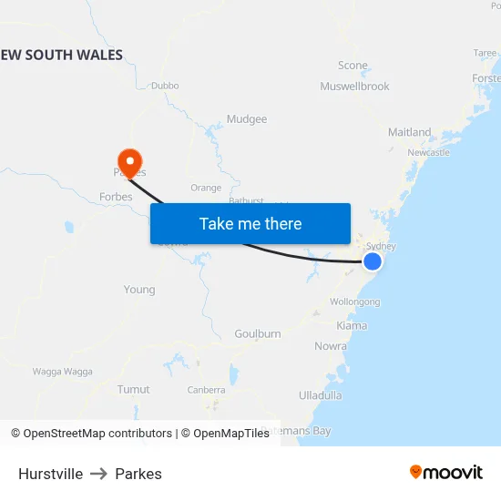 Hurstville to Parkes map