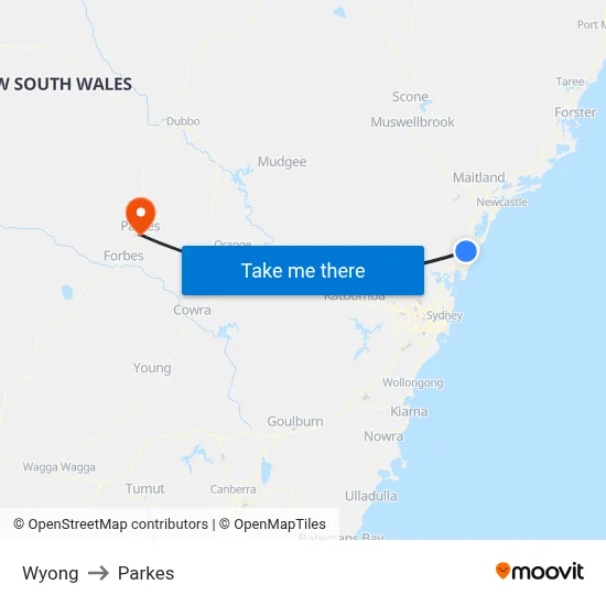 Wyong to Parkes map