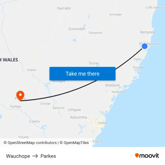 Wauchope to Parkes map