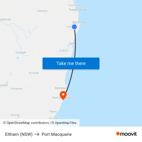 Eltham (NSW) to Port Macquarie map
